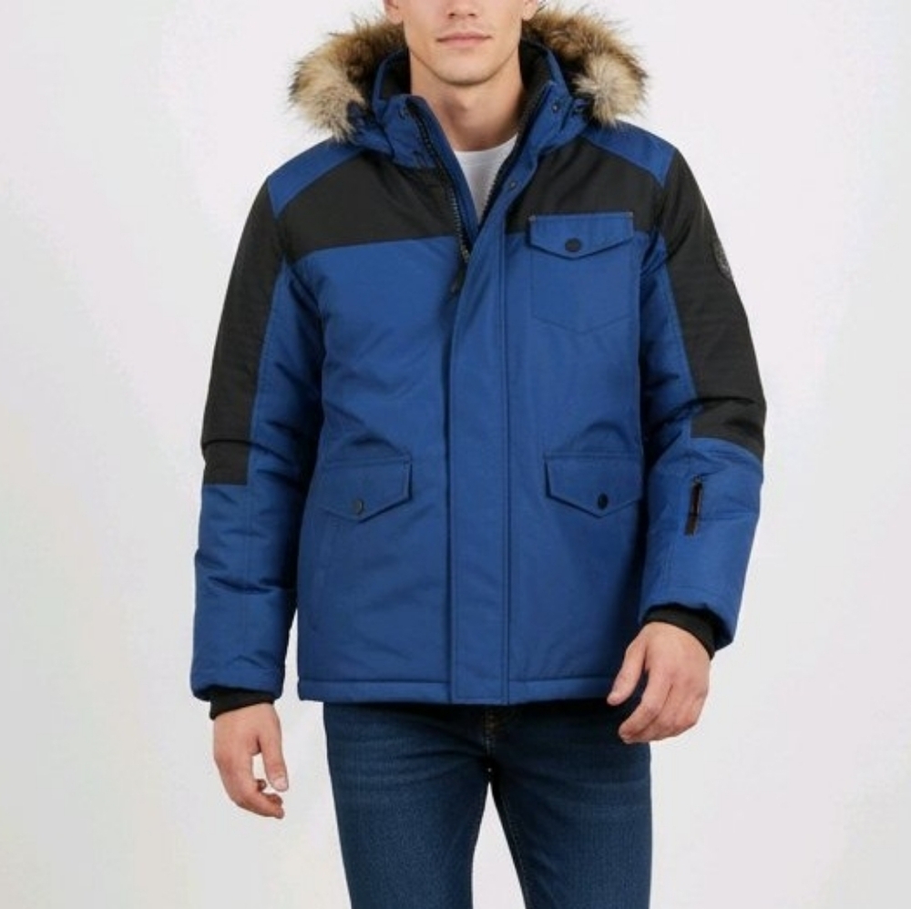 Noize Men's Black and Blue Puffer Jacket with Faux Fur Hood
